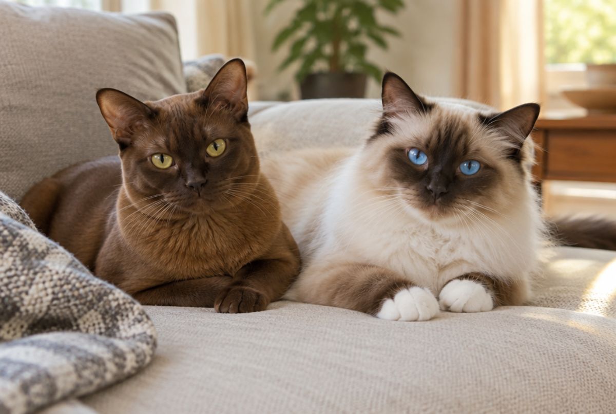 Brown Burmese cat and cream Birman cat with white paws resting side by side on a sofa