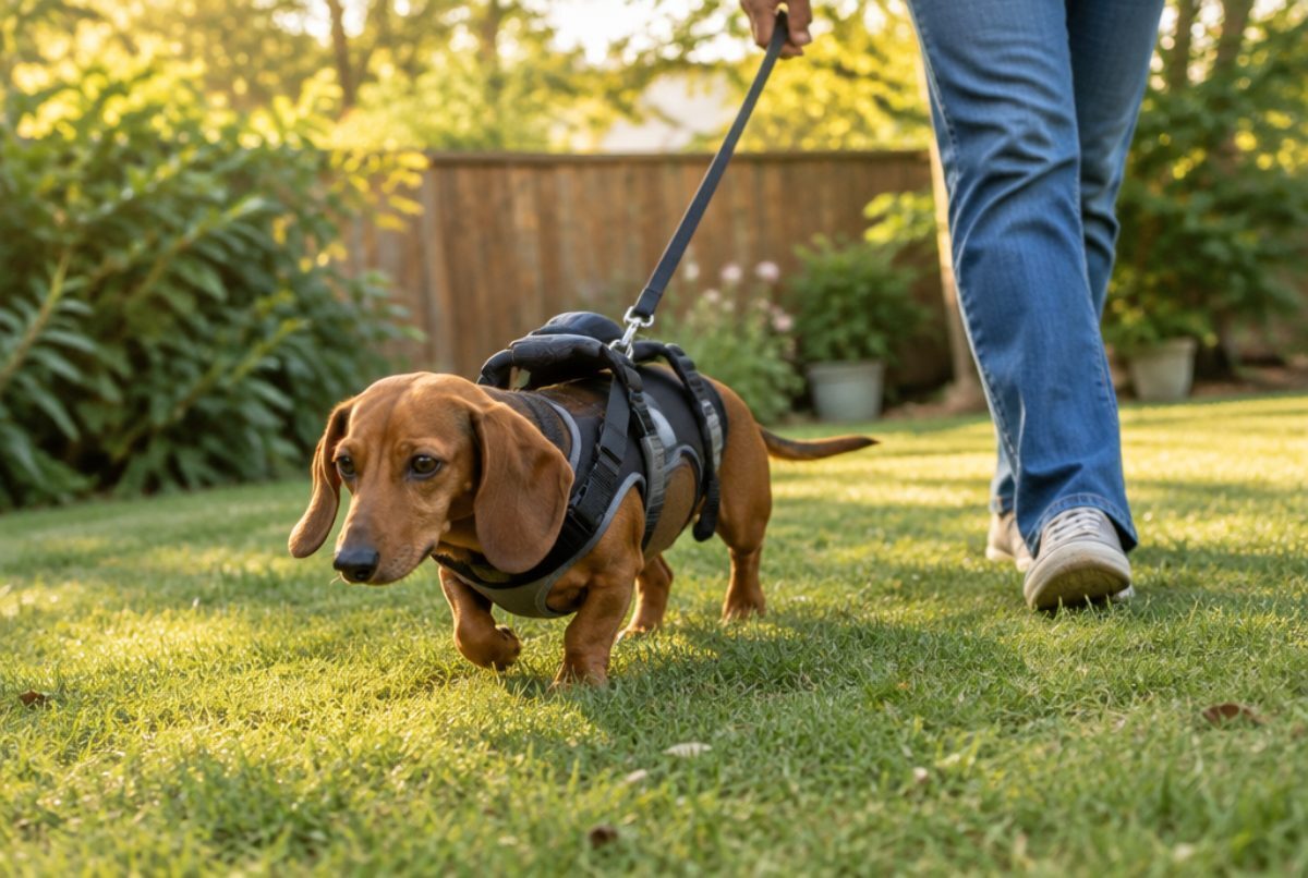 Dachshund wearing a supportive body harness on a slow rehabilitation walk across a backyard lawn with its owner