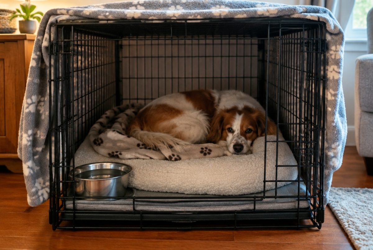 Small dog resting on soft bedding inside a roomy wire crate set up for strict crate rest at home