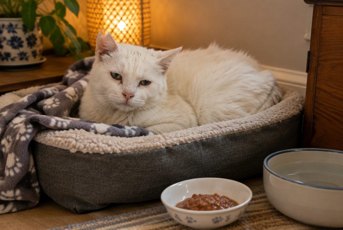 Elderly white cat resting in a soft pet bed with a dish of wet food and a water bowl nearby