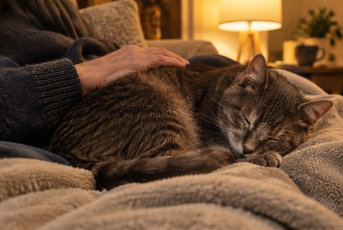 Elderly tabby cat sleeping on a soft blanket in its owner's lap while being gently stroked