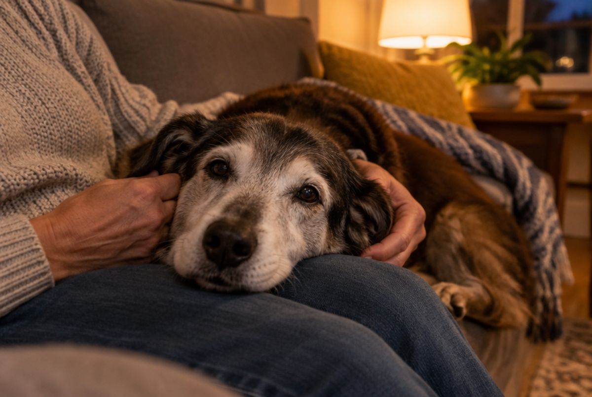 Elderly dog with a grey face resting its head on its owner's lap on a living room couch