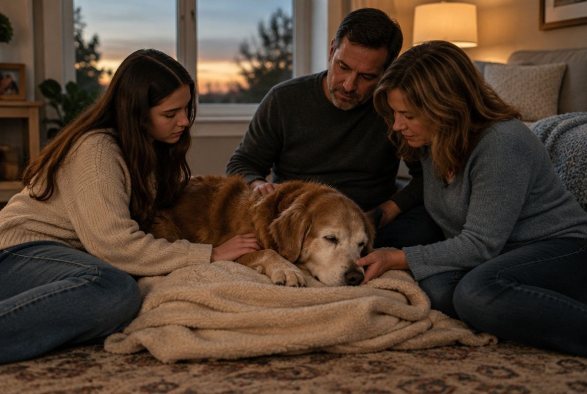 Family sitting on the living room floor around their elderly golden dog resting on a blanket in soft evening light