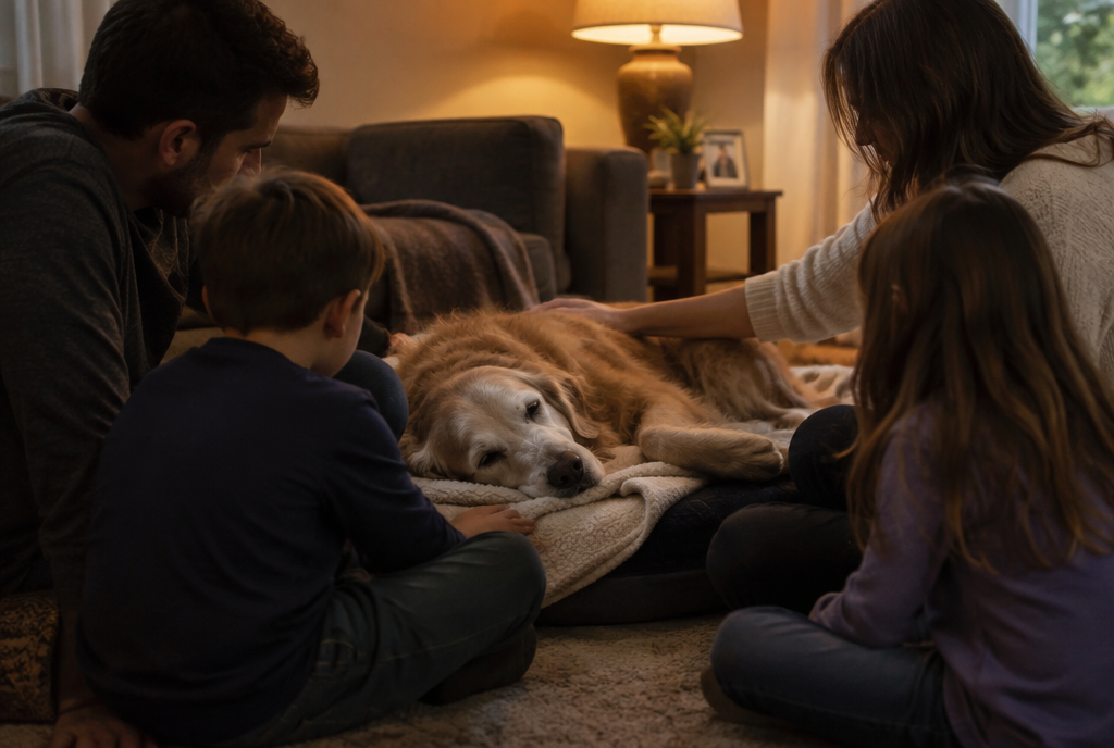 Family sitting on the living room floor around an elderly golden dog resting on a blanket in soft lamp light