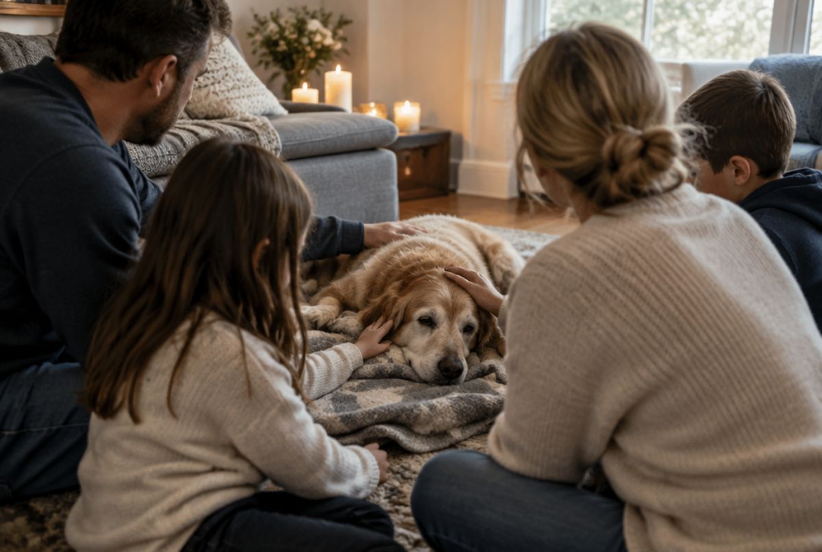 Family sitting on a living room floor around their elderly dog lying on a blanket, gently petting it in soft daylight
