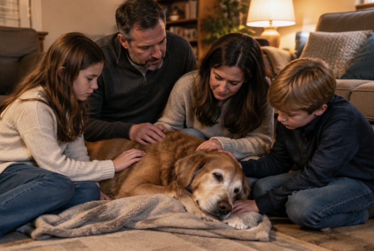 Family sitting together on a living room floor with their hands resting gently on their elderly dog lying on a blanket