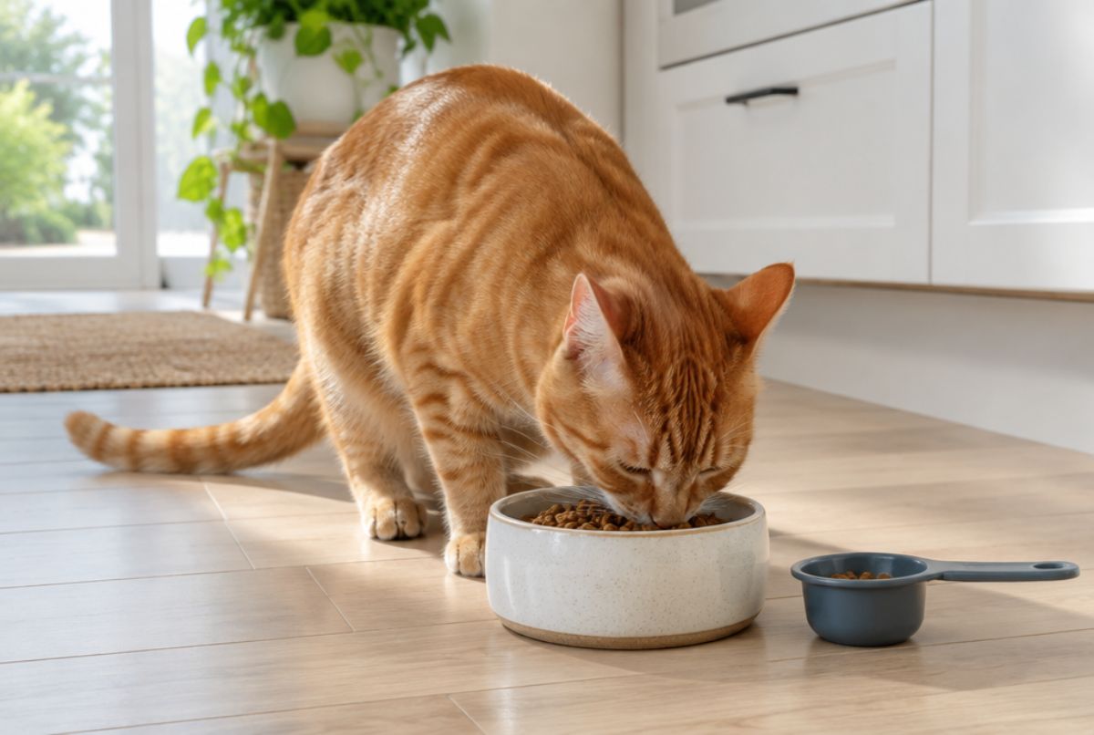 Lean ginger cat eating from a ceramic bowl on a kitchen floor next to a measuring scoop