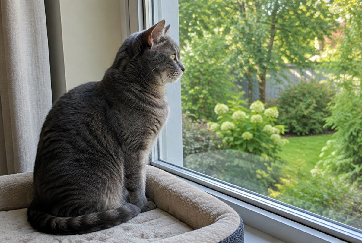 Grey cat sitting on a cushioned window perch indoors, looking out at a green garden