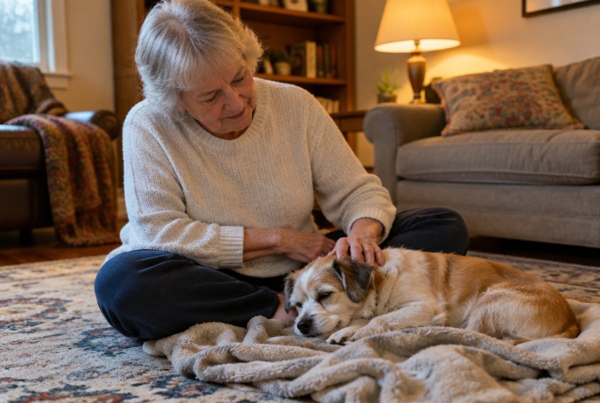 Older woman sitting on a living room rug gently stroking a senior dog resting on a soft blanket