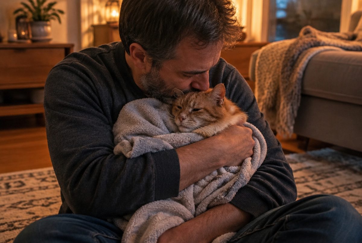 Man sitting on the living room floor holding his old ginger cat wrapped in a blanket