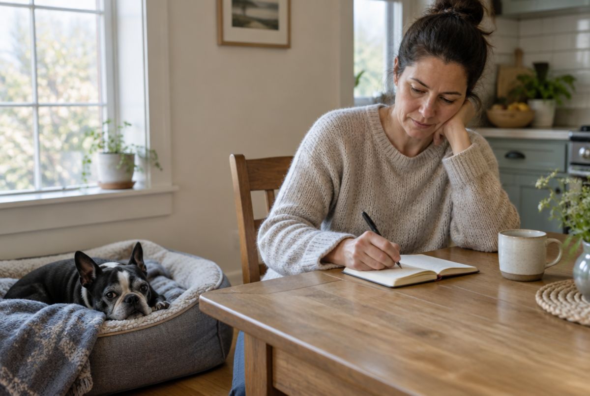Pet owner writing in a small notebook at a kitchen table while a senior Boston Terrier rests in a dog bed nearby