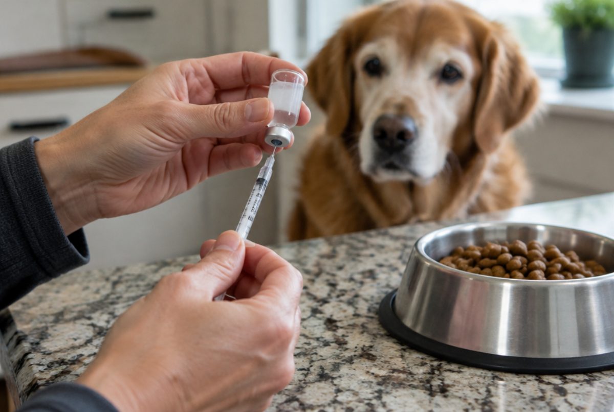 Pet owner's hands drawing insulin into a small syringe beside a food bowl while a senior golden dog watches from the kitchen