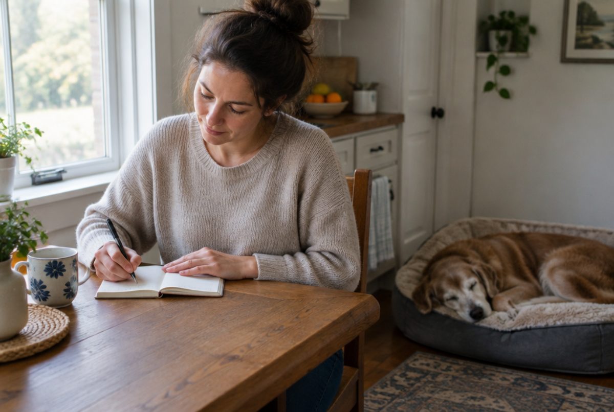 Woman writing notes in a small notebook at a kitchen table while her senior dog sleeps in a dog bed nearby