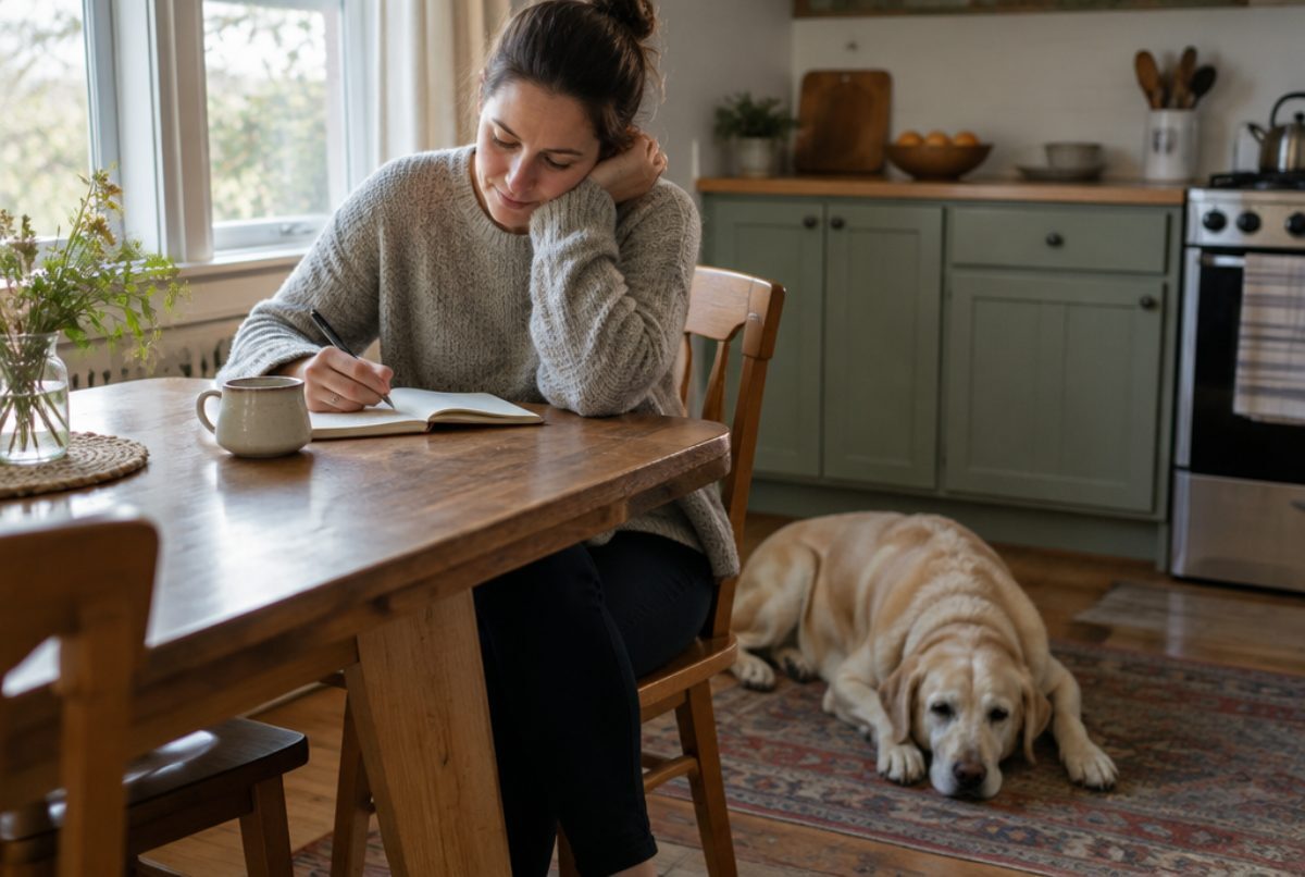 Woman writing notes in a small notebook at a kitchen table while her senior yellow Labrador sleeps at her feet