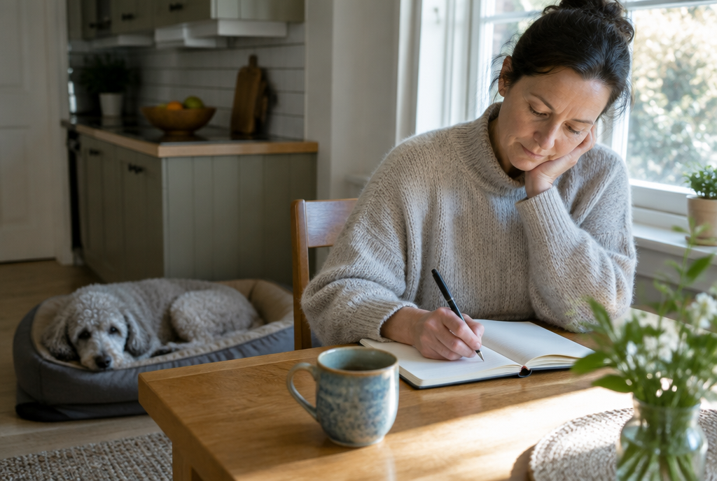 Pet owner writing in a notebook at a kitchen table while an older poodle rests in a dog bed nearby