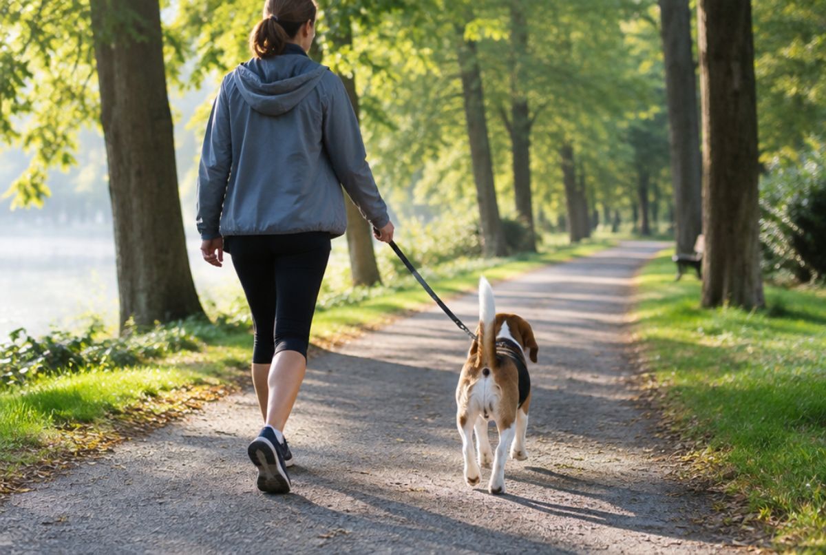Person walking a lean beagle on a leash along a tree-lined park path in the morning