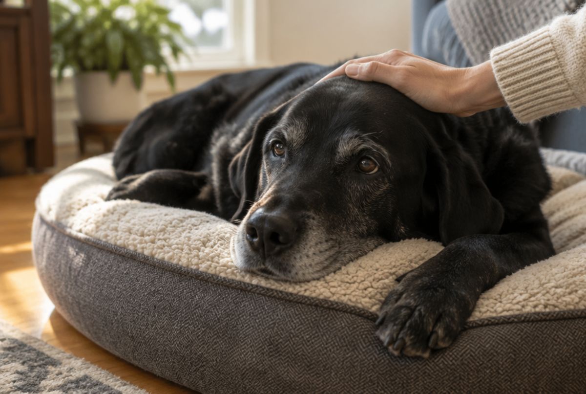 Senior black Labrador with a grey muzzle resting on a dog bed while its owner gently strokes its head