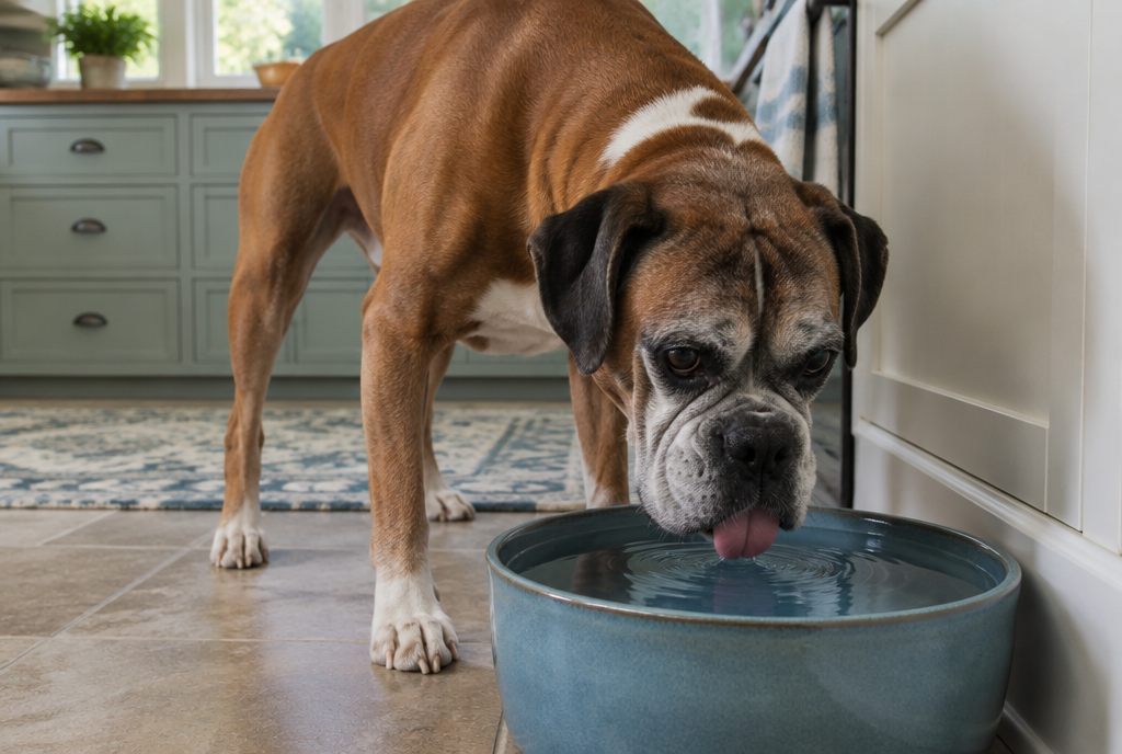 Senior boxer with a graying muzzle drinking from a large water bowl on a kitchen floor