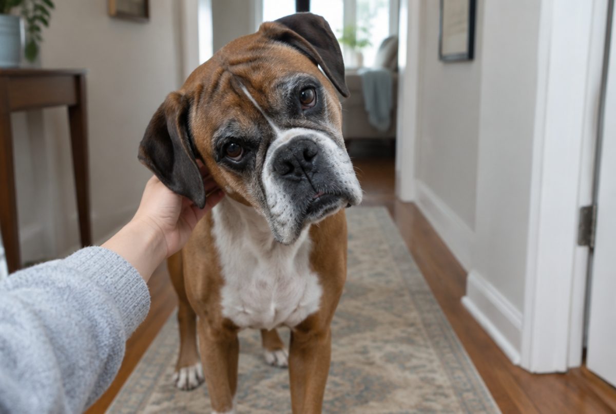 Older boxer dog standing in a home hallway with its head tilted to one side while its owner reaches out to comfort it