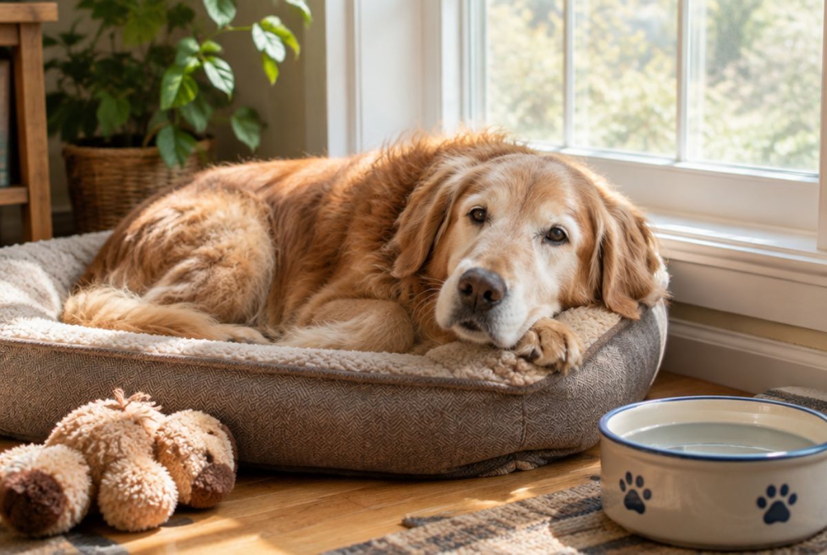 Senior golden retriever lying relaxed on a cushioned dog bed by a sunny window with a water bowl and a soft toy nearby