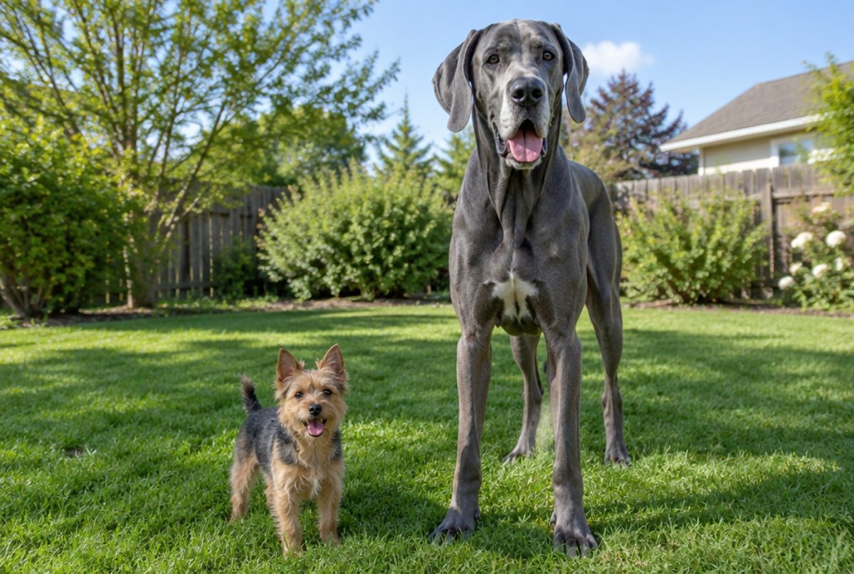 Small terrier standing next to a Great Dane on a backyard lawn, showing the size difference between dog breeds
