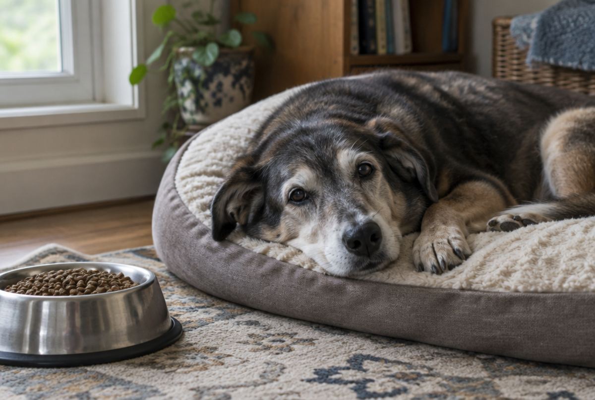 Tired senior dog lying on a plush dog bed at home next to a full, untouched food bowl