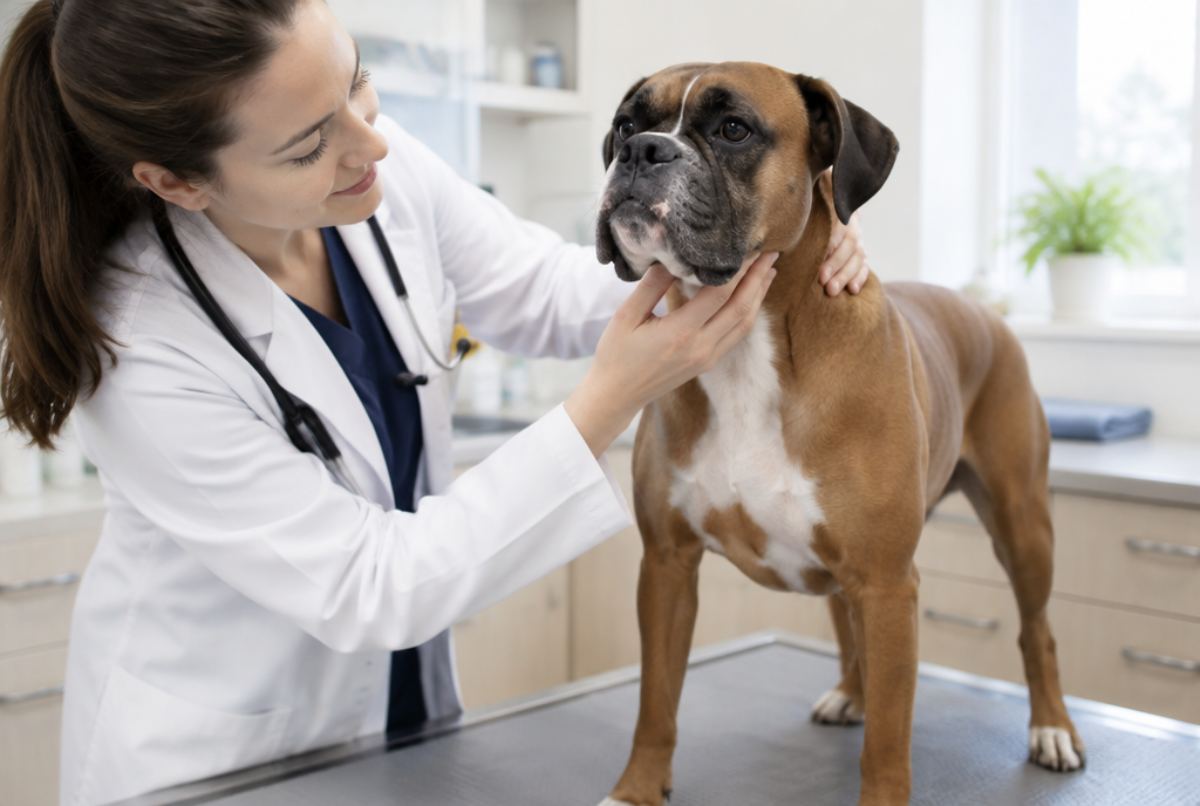 Veterinarian gently feeling the lymph nodes under the jaw of a calm boxer dog standing on an exam table