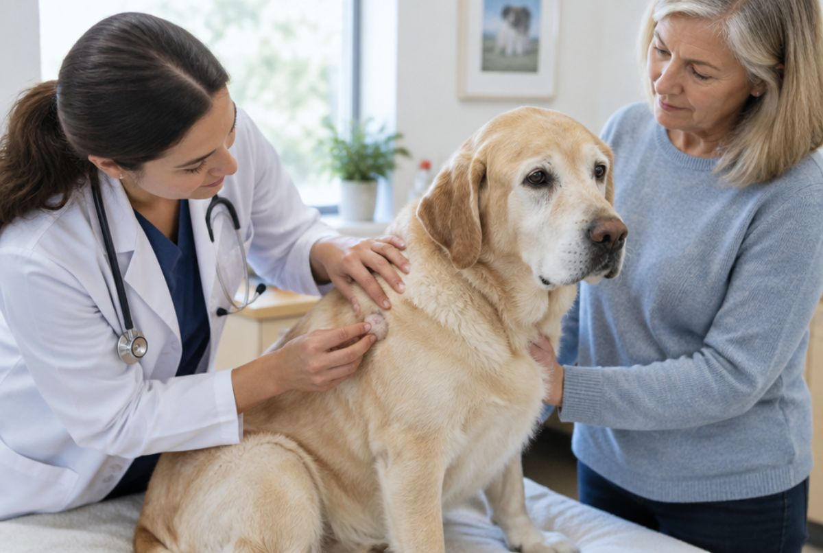 Veterinarian gently examining a small skin lump on the side of a senior yellow Labrador retriever while the owner stands beside the dog