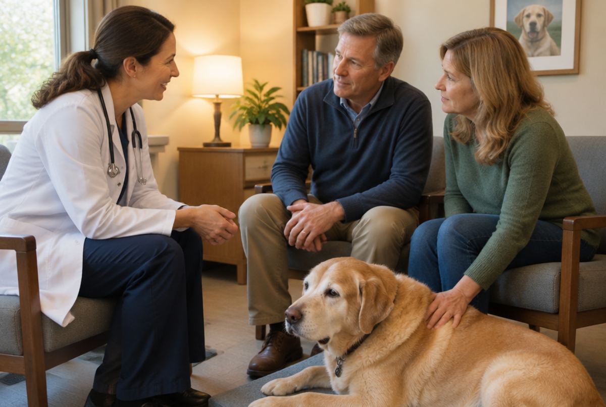 Veterinarian talking kindly with a middle-aged couple in a consultation room while their older Labrador rests at their feet