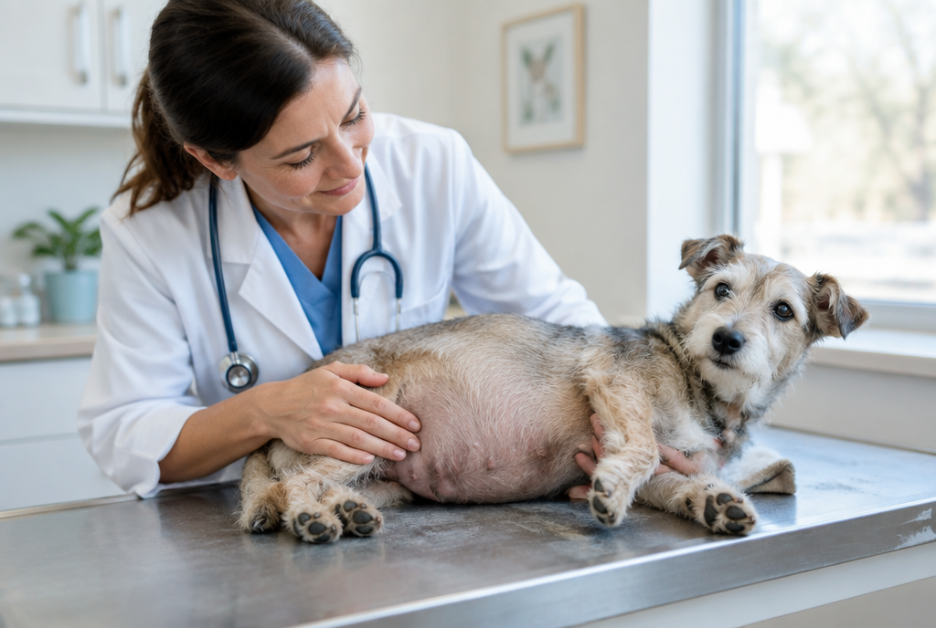 Veterinarian gently examining the rounded pot belly of an older terrier on an exam table
