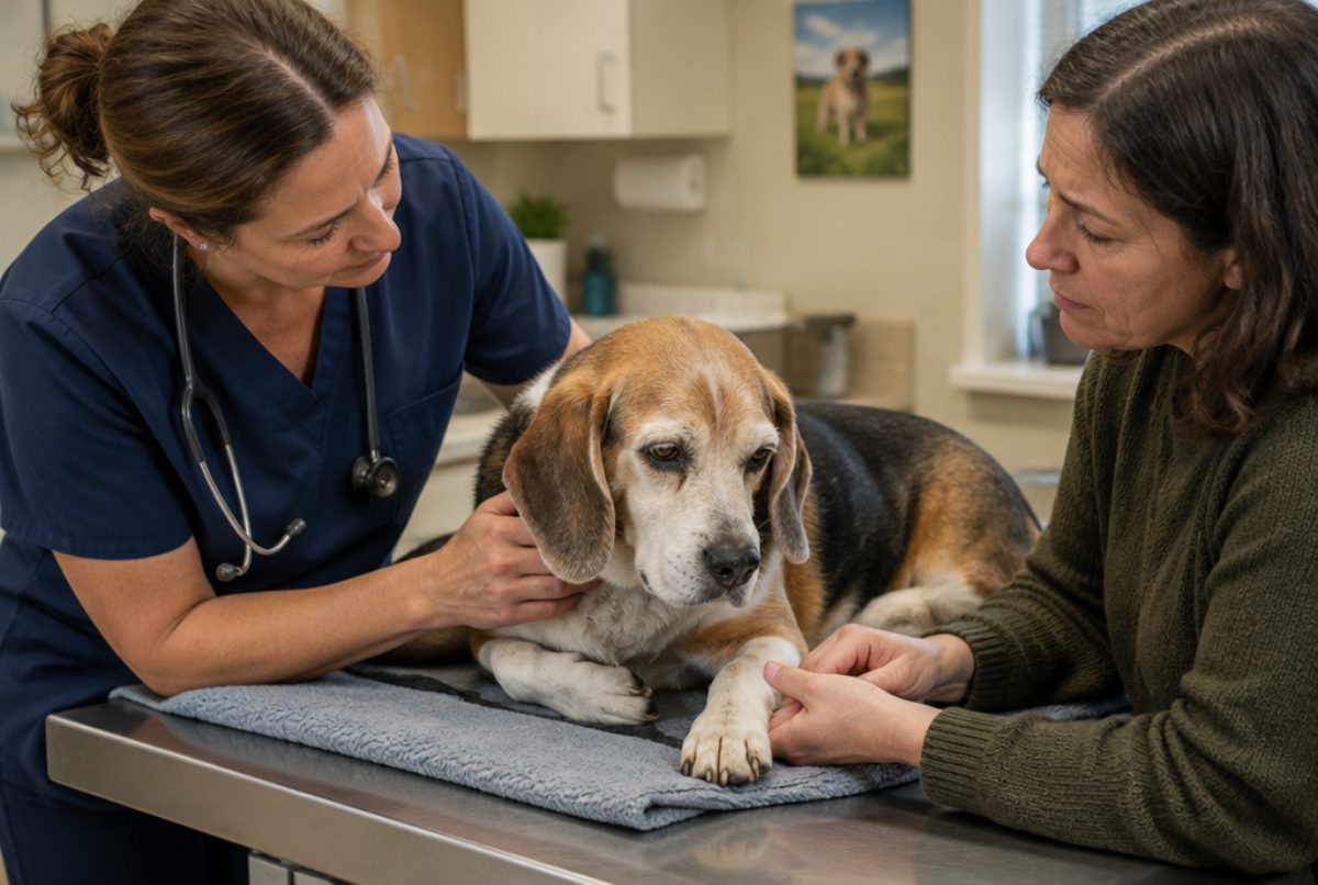Veterinarian in navy scrubs gently examining a tired senior beagle on an exam table while the owner holds the dog's paw