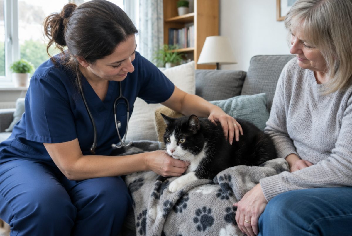 Veterinarian in navy scrubs gently examining an elderly black and white cat on a sofa during a home visit while the owner sits beside them