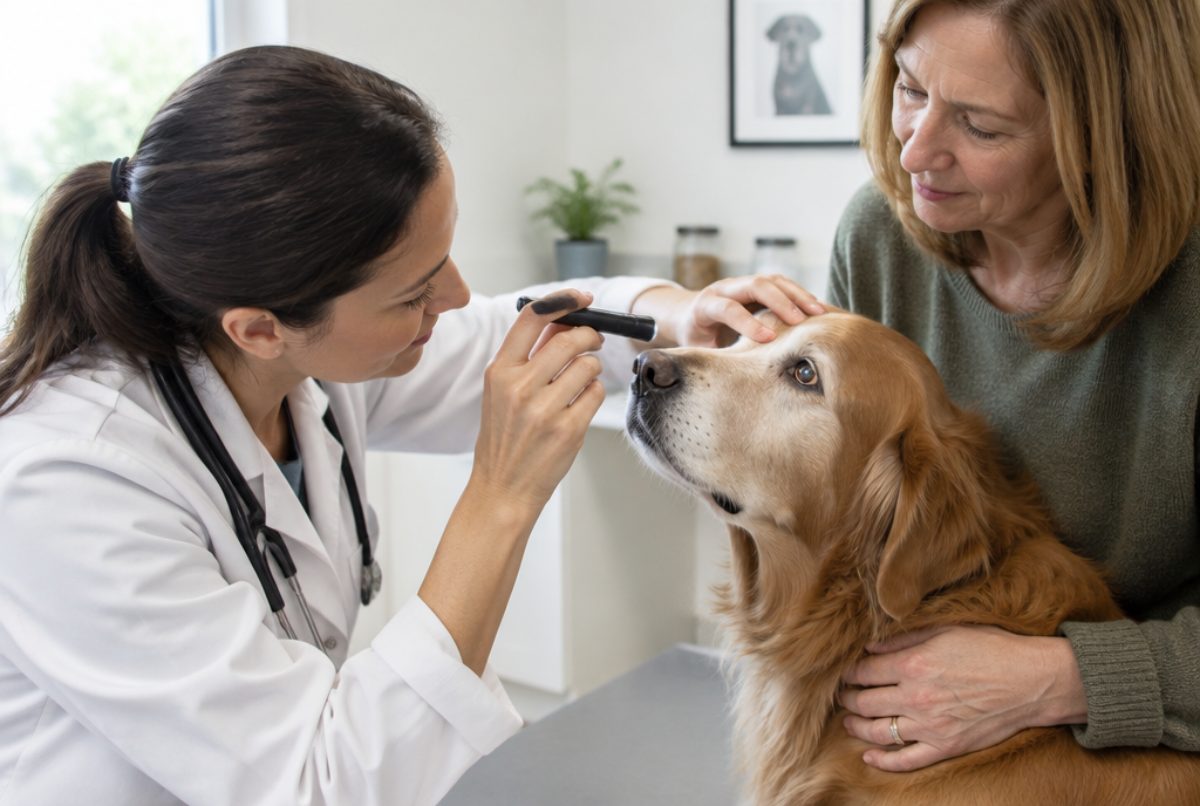 Veterinarian gently checking a senior golden retriever's eyes with a small penlight while the owner holds the dog