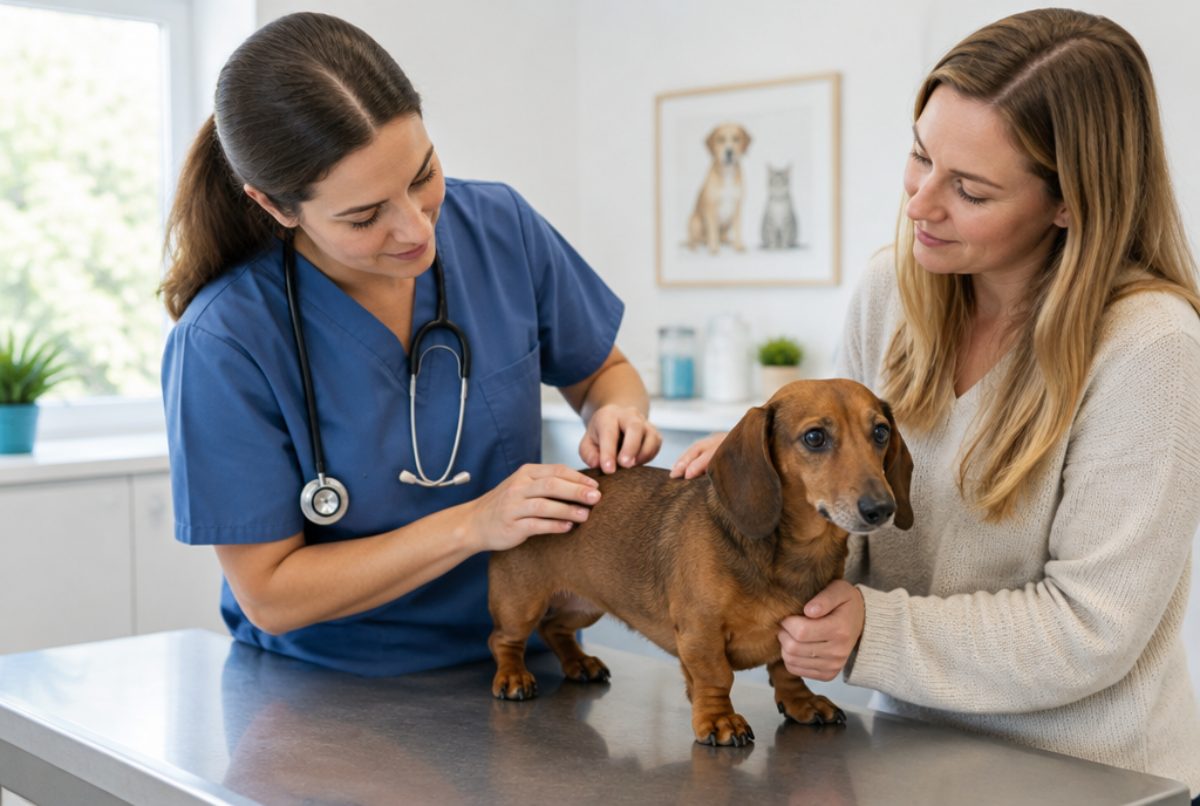 Veterinarian gently examining the back of a brown Dachshund on an exam table while the owner comforts the dog