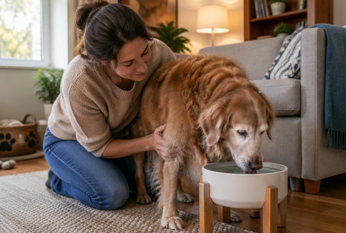 Owner supporting a senior dog as it drinks from a raised water bowl on a non-slip rug