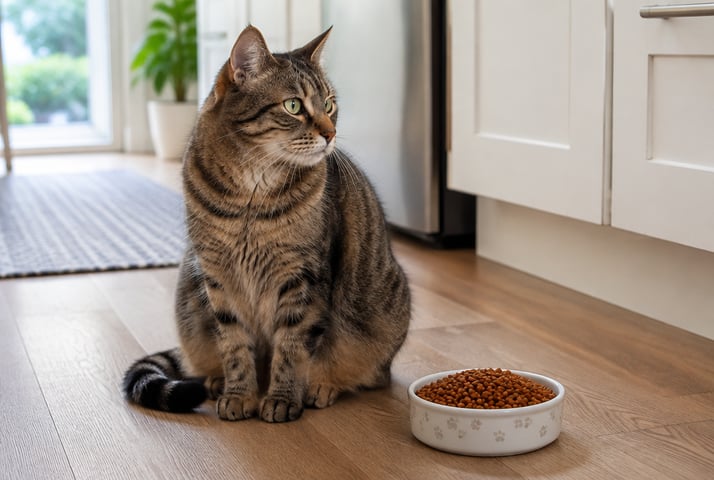 Tabby cat sitting beside a full, untouched bowl of cat food