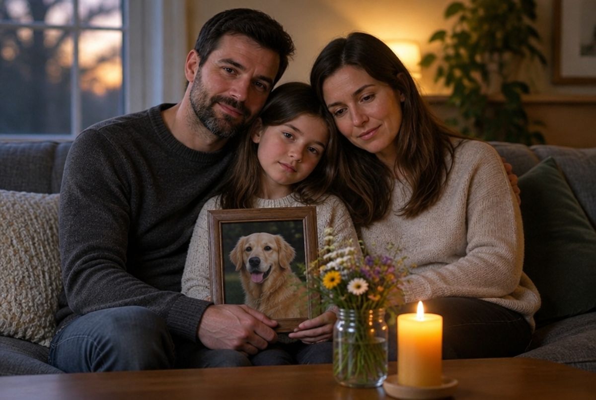 Family of three on a sofa holding a framed photo of their dog beside a lit beeswax candle and a small bouquet of wildflowers