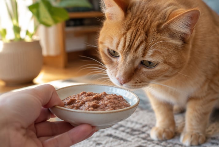 Owner offering a small dish of wet food to an orange cat
