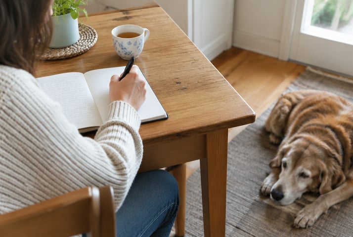 Dog owner writing in a seizure diary at the kitchen table with a senior dog nearby