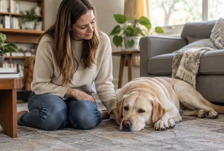 Woman sitting calmly on the floor beside her resting Labrador at home