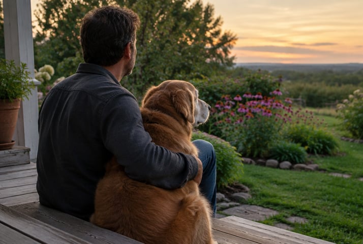 Man sitting on a porch step with his arm around his old golden retriever