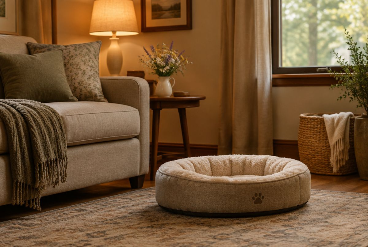 Private comfort center farewell room with a sofa, soft lamp light, a plush pet bed on a rug and a small vase of wildflowers