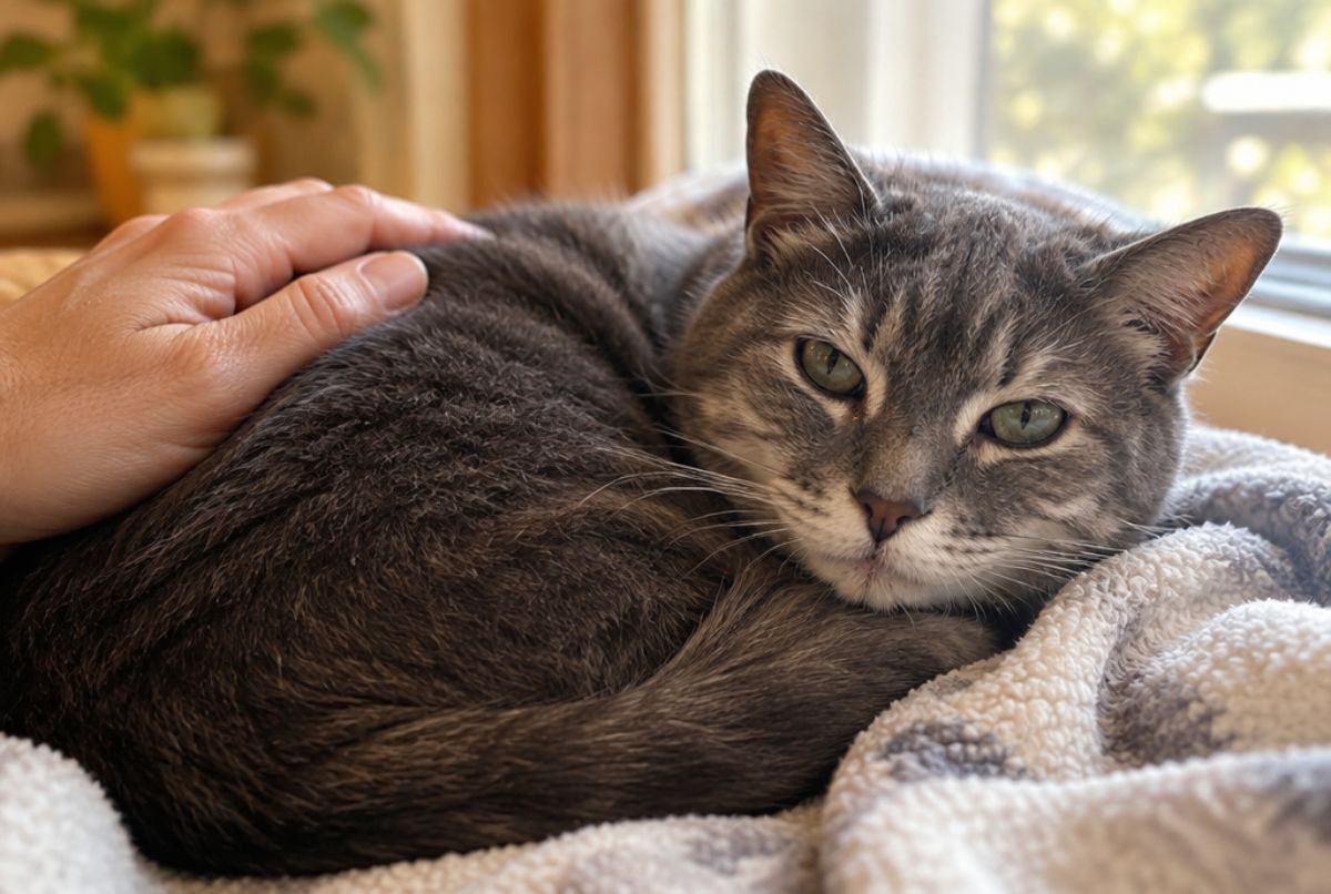 Senior gray cat curled on a soft fleece blanket by a sunny window with an owner's hand resting on its back