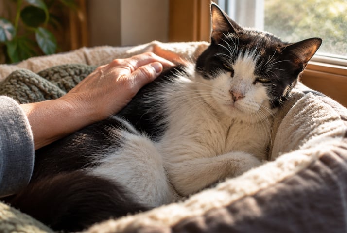 Elderly black-and-white cat resting in a soft bed in the sun while its owner strokes it