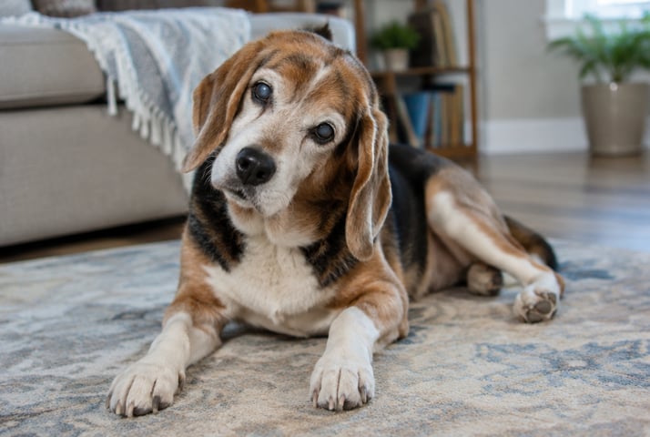 Senior dog lying on a rug with its head tilted to one side, a common sign of vestibular disease