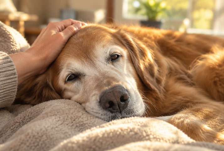 Elderly golden retriever resting peacefully on a blanket while its owner strokes its head