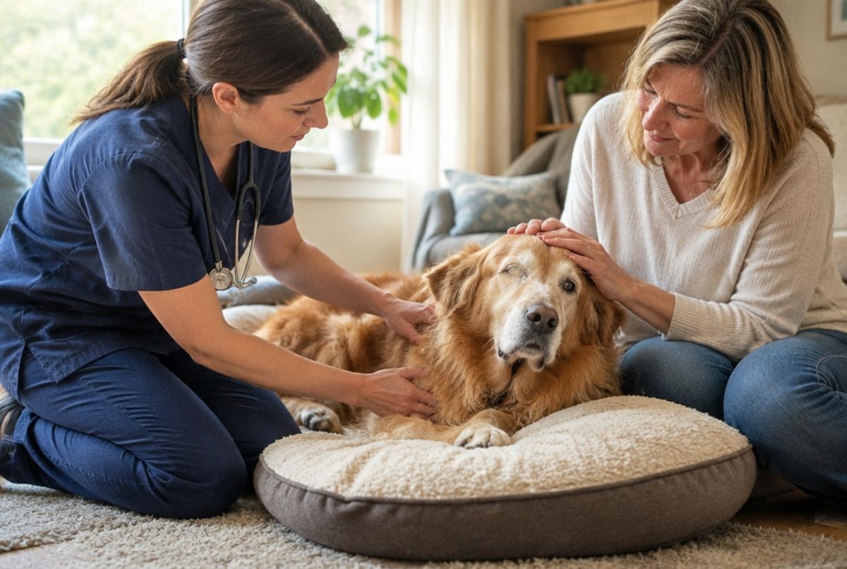 Veterinarian kneeling beside an elderly golden retriever on a cushioned bed while the owner strokes the dog's head