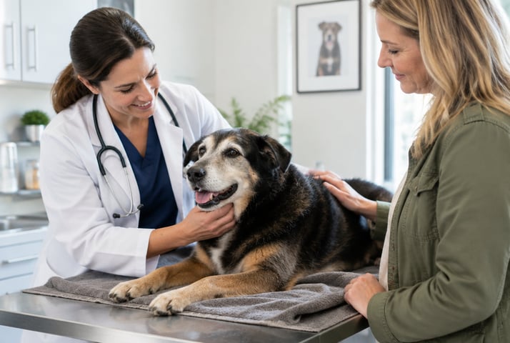 Veterinarian gently examining a senior dog while the owner comforts it