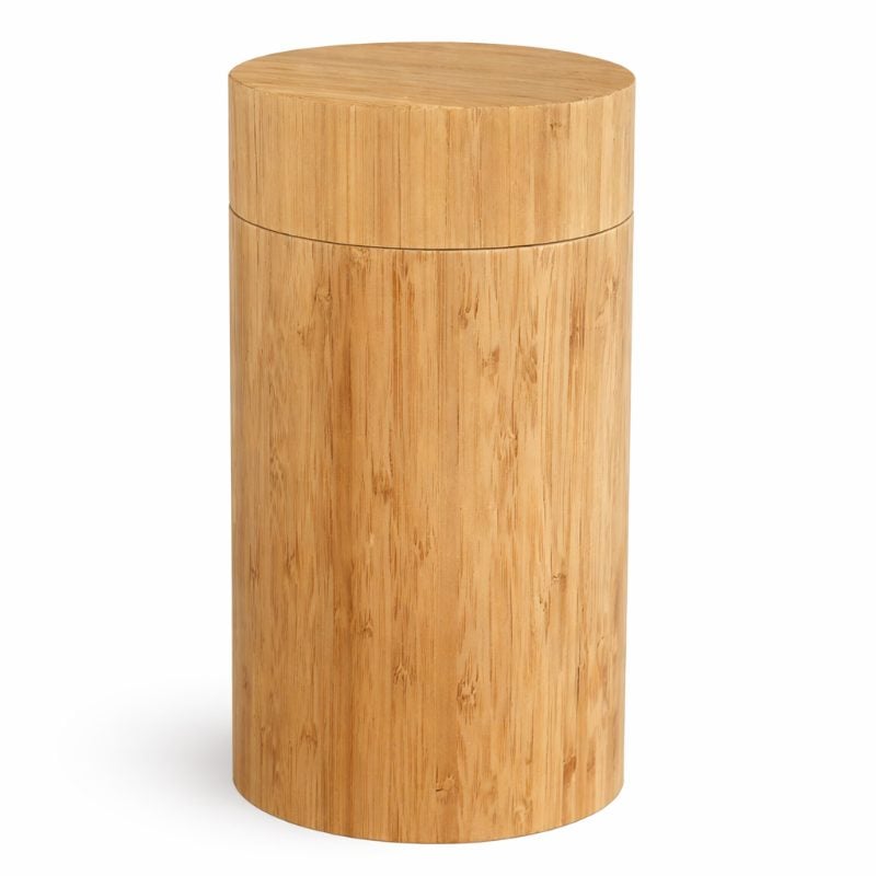 Round natural bamboo scatter tube urn with a fitted lid