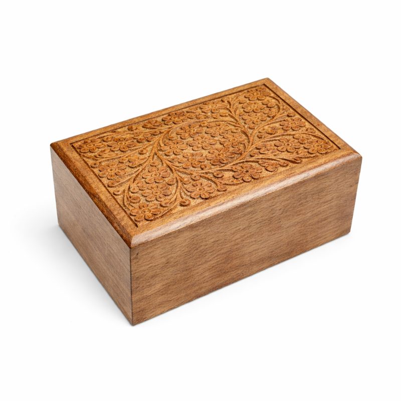 Hand-carved Sheesham wood Circle of Life Urn with a carved floral pattern on the lid